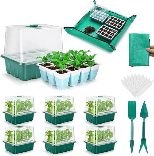 Reusable Seed Starter Tray with 72 Soft Silicone Cells, 6 Pack Seed Starter Kit with Repotting Mat, Humidity Dome and High Lid, Germination Trays for Indoor Greenhouse Seed Starter