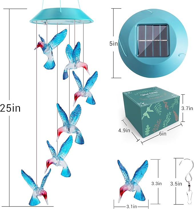 Solar Hummingbird Gift for Mom Grandma Girls, Color Changing Solar Wind Chimes for Outside, Outdoor Decorative Mobile Lights for Garden, Patio, Window, Party Decors, Gift for Women