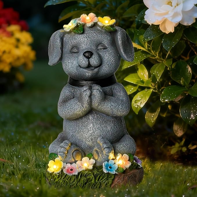 Solar Dog Figurine Garden Decor with LED Lights - Solar Powered Outdoor Statue for Yard, Patio, Lawn - Waterproof Animal Decor