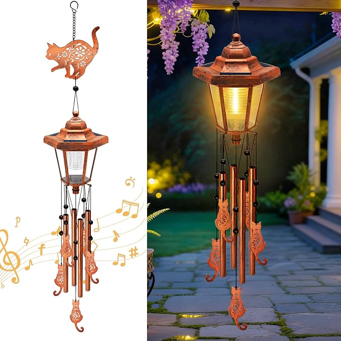 Large Solar Cat Wind Chimes with Wind Catcher/Solar Decor Light to Create a Zen Atmosphere Suitable for Outdoor, Garden, Patio Decor Classic Bronze Wind Chimes as A Sympathy/Memorial Gift for Unisex