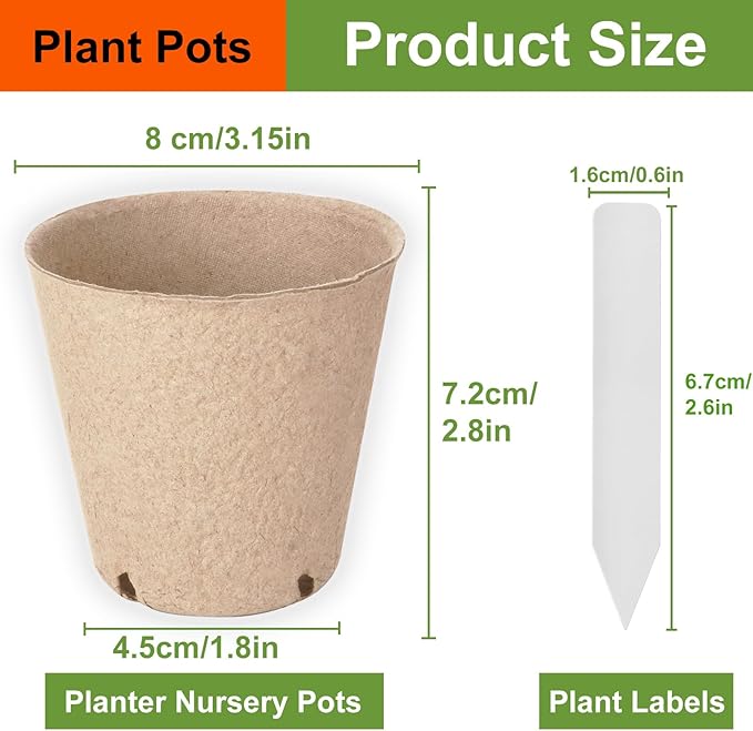 130 Pack Organic Peat Pots, 3.15 Inch Plant Starter Round Nursery Pot with Drainage Holes, Seedling Nursery Box, Seed Starting Tray, Bulk Garden Germination Paper Pulp Container with 130 Plant Labels