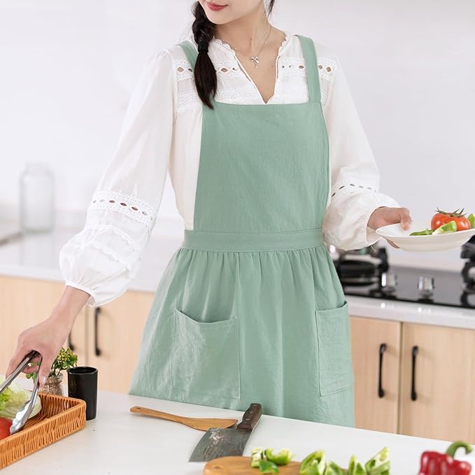 Cotton Linen Pinafore Apron Dress for Women with Pockets Cute Art Chef Aprons for Kitchen Baking Gardening Painting