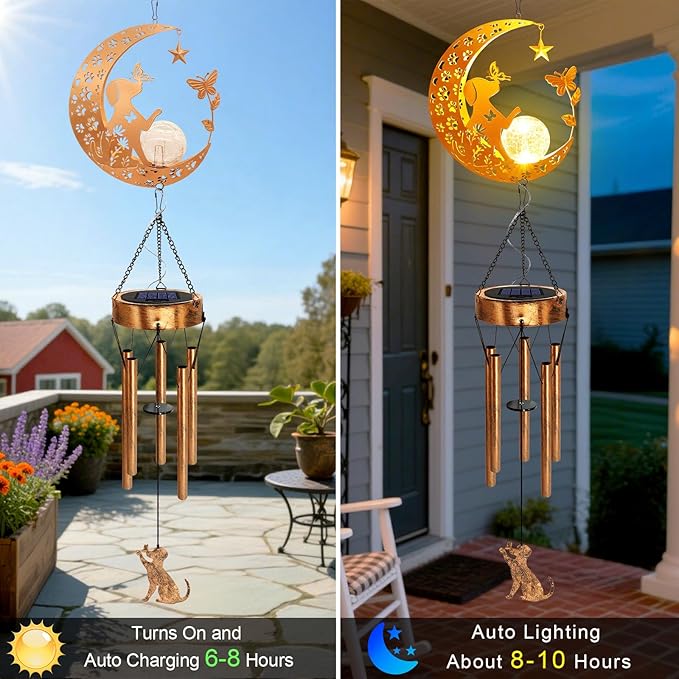 Solar Moon Dog Wind Chimes for Outside, Dog Lover Gifts for Mom Women Men Birthday Mothers Day, Hanging Outdoor Decor Cracked Glass Ball Memorial Wind Chimes for Garden Patio Porch