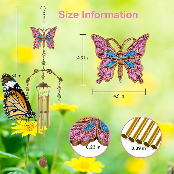Pink Butterfly Wind Chimes - Wind Chimes for Outside Deep Tone 34 inches 5 Aluminum Tubes, Birthday, Memorial, Butterfly Gifts for Mom, Grandma, Daughter, Decor for Home, Garden, Patio, Backyard