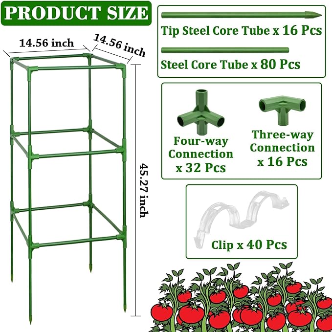 ZeeDix 45 Inch Tomato Cages 4 Pack, Heavy Duty Adjustable Metal Garden Plant Supports for Climbing Vegetables - Square Cage for Tomatoes, Cucumbers, Peas, Flowers with 40 Plant Clips