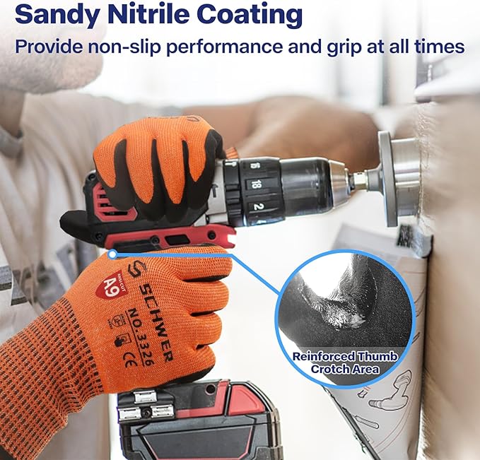 Schwer ProGuard High Level Cut Resistant Work Gloves PR3326 for Extreme Protection，ANSI A9 Cut Gloves with Reinforced Thumb, Non Slip, Durable, Touch-screen, Orange 120 Pairs, L