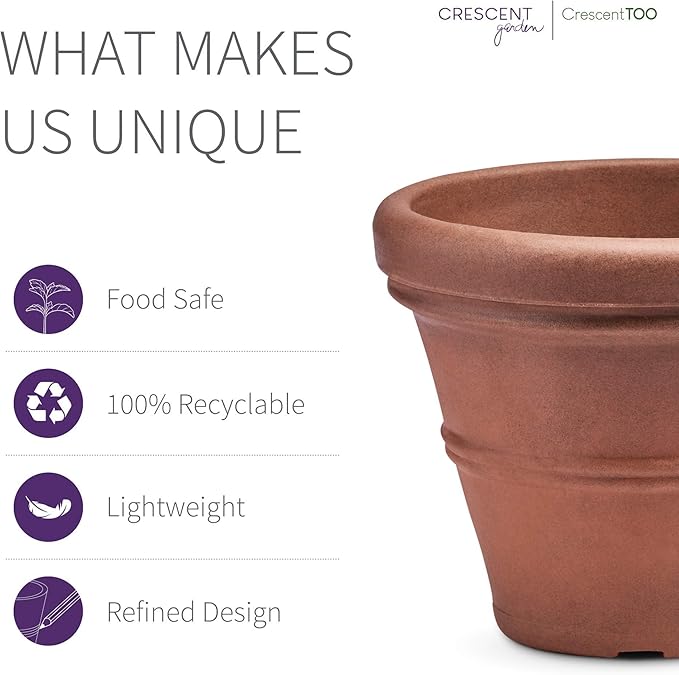Crescent Garden Brunello Small Classic Rolled Rim Planter, Indoor/Outdoor Plastic Round Pot - Traditional Planter for Herbs, Plants, Houseplant -14''W (Rust)