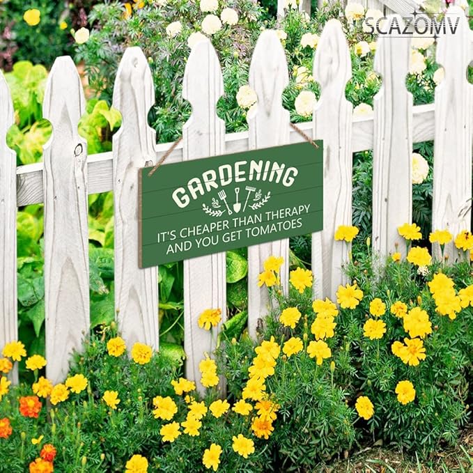 Garden Sign Decor, Gardening It'S Cheaper Than Therapy And You Get Tomatoes, Funny Outdoor Decorative For Garden Backyard Patio Farmhouse, Potting Shed Personalized Wooden Hanging Plaque 5"X 10"