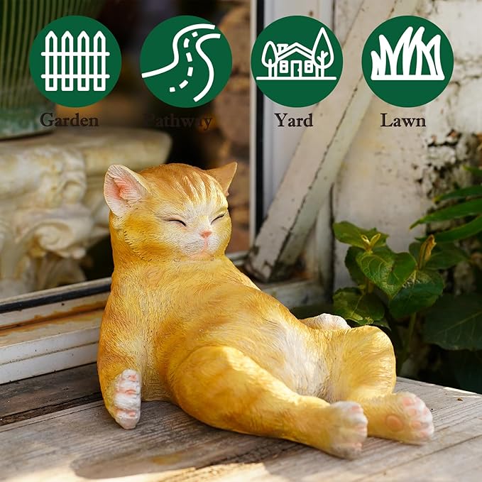 Cat Garden Statue Outdoor Decor, Resin Cat Figurine Garden Sculpture Patio Decor, Larger Pet Memorial Stone, Orange Sleeping Cat Memorial Gift for Loss of Cat, Outdoor Statues Pet Remembrance Gift