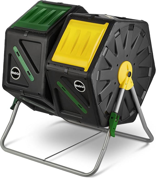 Miracle-Gro Dual Chamber Compost Tumbler – Easy-Turn, Heavy-Duty Outdoor Bin Composter with 2 Sliding Doors (2x18.5 Gal/70L