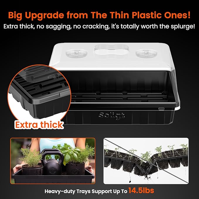 SOLIGT [Thick Plastic] 3-Set Strong Seed Starter Trays with 5" Humidity Domes for Seed Starting, Germination, Seedling Propagation & Plant Growing, Holds 144 Cells in Total
