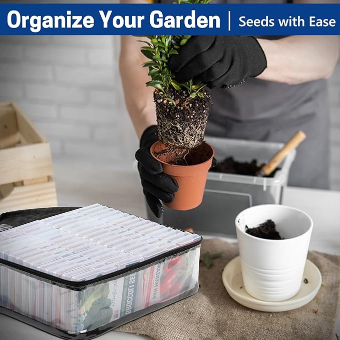 28 Slots Seed Storage Organizer Box with Clear Zipper Bag, Garden Seed Containers for Flower Vegetable Plants, Photo & Card Storage Case