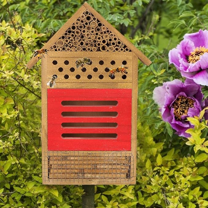 AUNMAS Wooden Bee House, Attracts Pollinators with Tubular Tunnels, Durable Platane Wood Garden Decor, 19.5x3.8x29.8cm Humidity for Bees