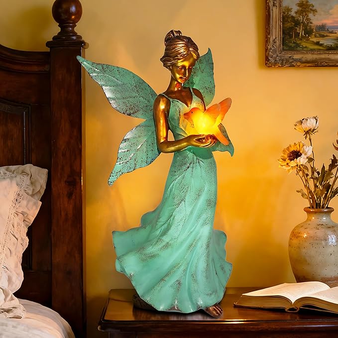 Solar Fairy Garden Statue Decor - 10 Inch Angel Statue Girls Resin Waterproof Home Decoration with Hummingbird LED Lights for Bedroom Balcony Table Yard Patio, Gifts for Women Mom Grandma Birthday