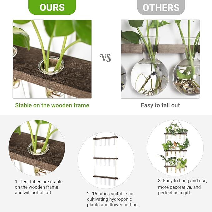 Mkono Plant Propagation Tubes, 3 Tiered Wall Hanging Terrarium with Wooden Stand Mini Test Tube Flower Vase Glass Planter Stations for Hydroponic Cutting Home Garden Office Decor Plant Lover Gift