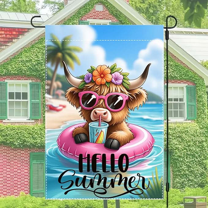 Hello Summer Highland Cow Garden Flag 12 x 18 inch Double Sided Outside Decorations,Beach Floral Cow Small Garden Flags For Outdoor Yard Lawn
