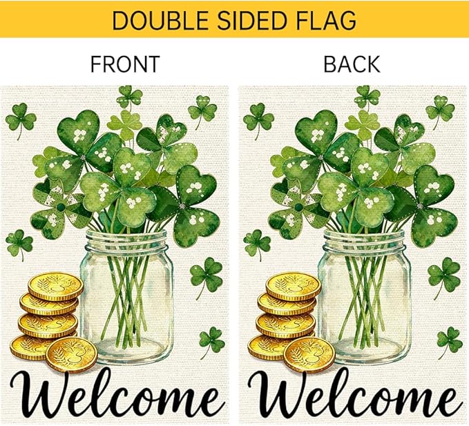 St Patrick's Day Garden Flag 12x18 Inch Double Sided Burlap Flag Welcome Shamrock Mason Jar Gold Coins Outdoor Decor for Yard Patio Irish Festival Decorations