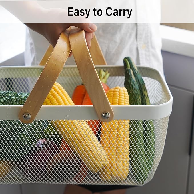 Metal Mesh Steel Harvest Basket, Rectangle Wire Garden Basket with Handle – Multi-Functional Storage Organizer for Gathering Vegetables, Fruits, Kitchen, Garden, Picnic & Cabinet (Ebony)