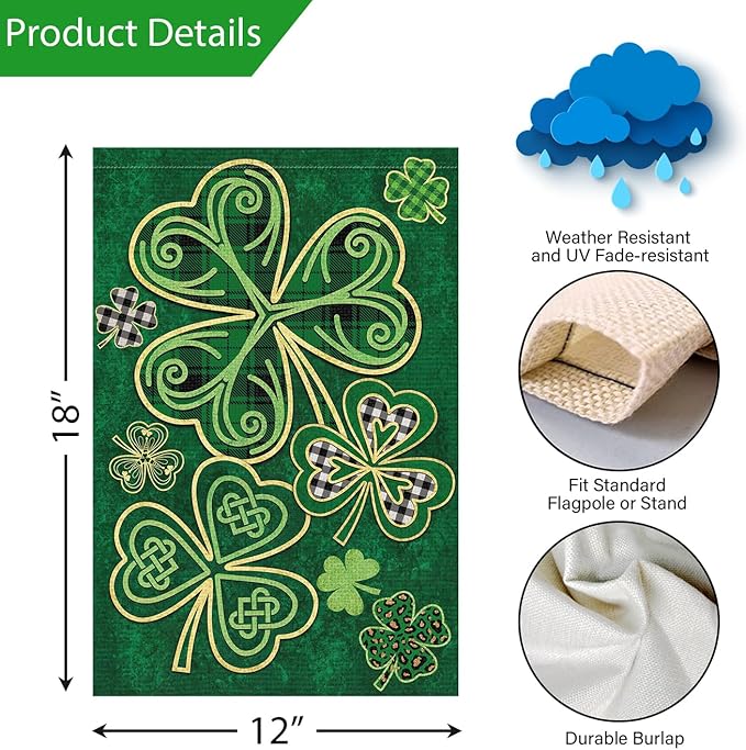 Louise Maelys Welcome St. Patrick's Day Garden Flag 12x18 Double Sided Vertical, Burlap Spring Small Lucky Shamrock Clover Yard Banner Sign Buffalo Plaid Home Outside Outdoor Decor