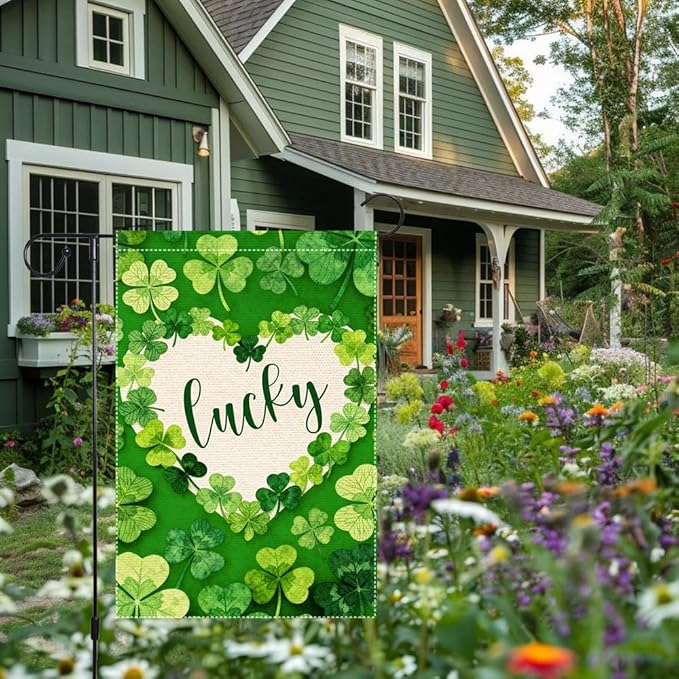 St Patrick's Day Garden Flag 12x18 Inch Double Sided Burlap Lucky Shamrock Heart Green Clover Pattern Holiday Yard Patio Irish Festival Outside Decorations