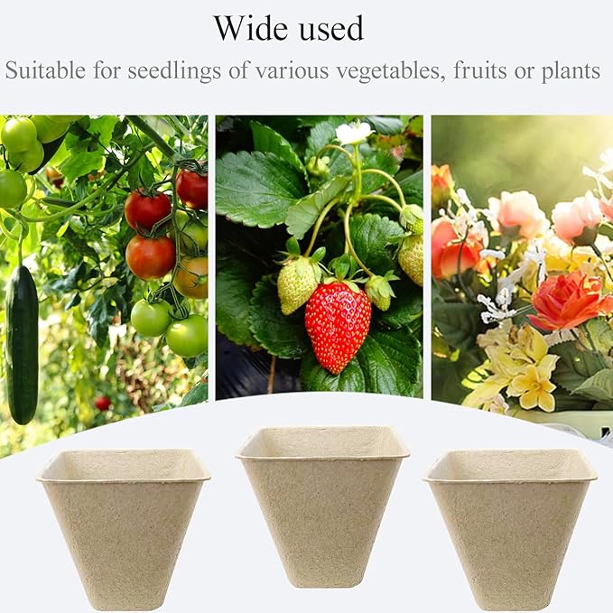50Pcs Biodegradable Seedling Pots Seed Starter Kit 3.15 Inch Square Peat Pot with Drainage Holes, Plant Labels, Seedling Pickers & Garden Shovels