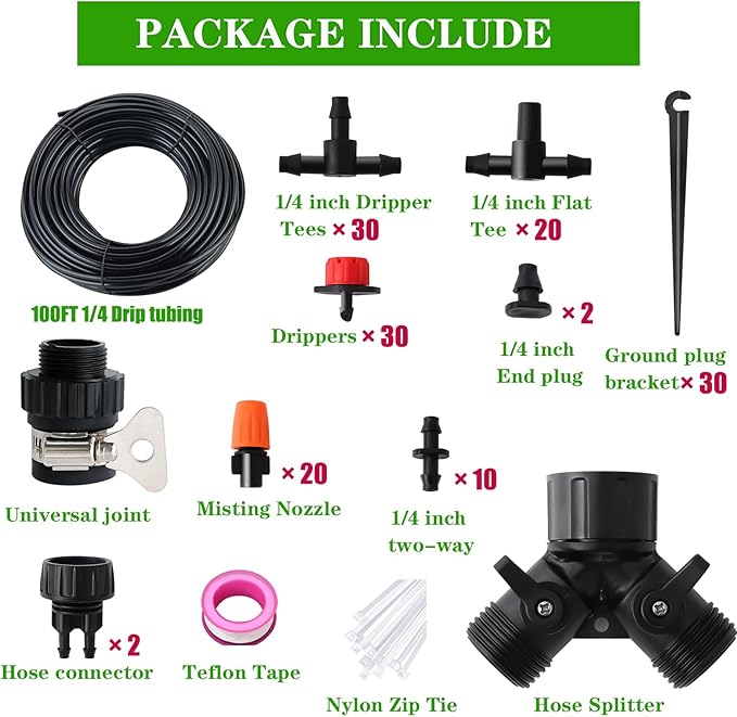 Drip Irrigation Kit, Garden Irrigation System 1/4" Blank Distribution Tubing Watering Drip Kit/DIY Saving Water Automatic Watering System for Garden, Greenhouse, Flower Bed, Patio, Lawn