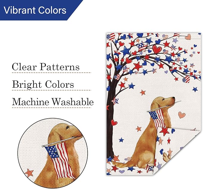 Louise Maelys 4th of July Garden Flag 12x18 Double Sided, Small Burlap Welcome Patriotic Golden Retriever Dog Yard House for Memorial Veterans Independence Day Outdoor Decor