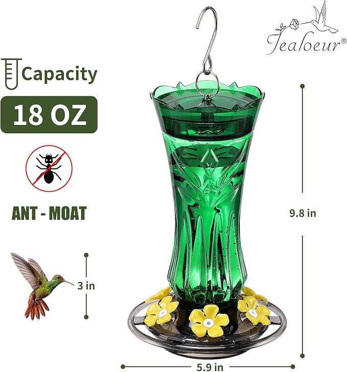 Hummingbird Feeder for Outdoors Hanging, 18 OZ Humming Birds Feeders with 6 Bee Guard Feeding Ports & Built-in Ant Moat, Easy to Clean, Durable Outdoor Garden Decor (Green 1 Pack)