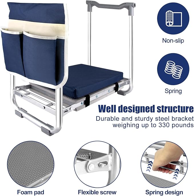 Foldable Garden Kneeler and Seat, Thicken & Widen Soft Pad for Kneeling and Sitting to Prevent Knee& Back Pain, Heavy Duty Garden Stool with 2 Large Tool Pouches, Gardening Gifts for Women Men Seniors