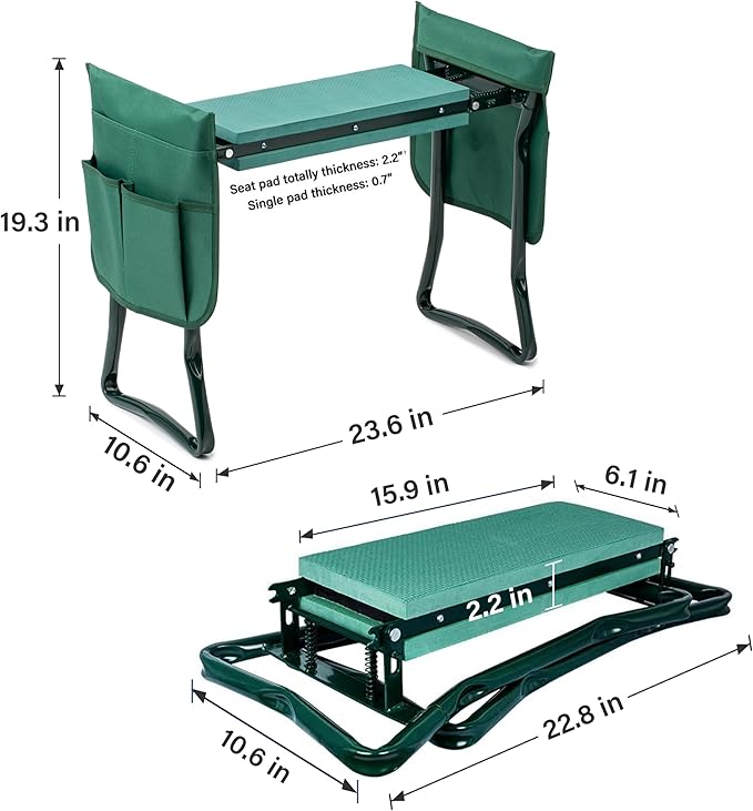 YSSOA New Garden Kneeler and Seat, with Sturdy Soft EVA Foam Pad, Hold Up to 330lb, Foldable Kneeling Bench, with 2 Tool Pouch for Gardening, Fishing, Camping, Green, Arbor Day Gift