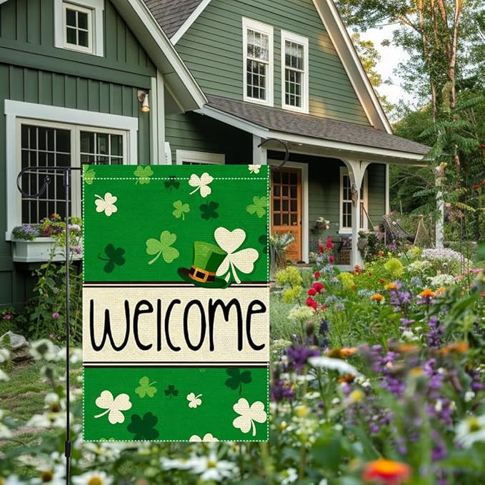 St Patrick's Day Garden Flag 12x18 Inch Double Sided Burlap Welcome Shamrock Leprechaun Hat Green Clover Pattern Outdoor Yard Decor