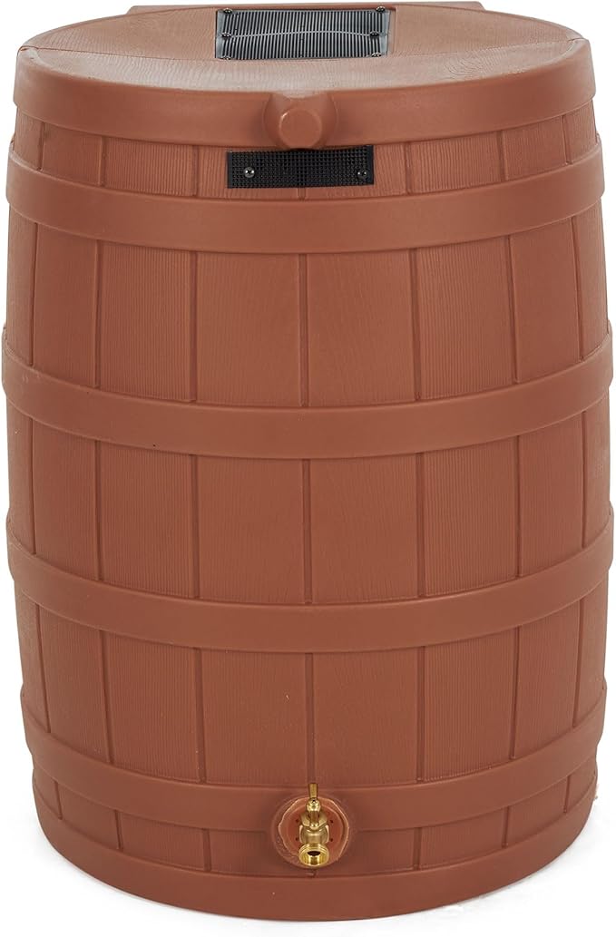 Good Ideas Rain Wizard 50 Gallon Plastic Outdoor Home Rain Barrel Water Storage Collector with Brass Spigot and Flat Back Design, Terra Cotta (4 Pack)