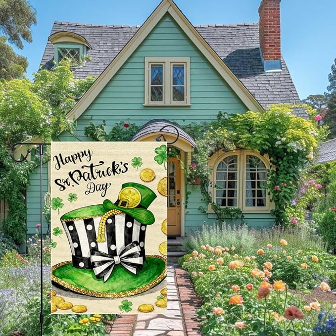 Happy St Patrick's Day Garden Flag 12x18 Inch Double Sided Burlap St Patrick's Day Leprechaun Hat Gold Coins Shamrocks Outdoor Decorations