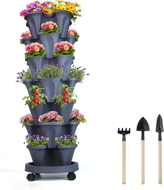 GameXcel Vertical Planter 7 Tier Stackable Planters Garden Planters Strawberry Herb Flower and Vegetable Planter Indoor Outdoor Gardening Pots with Removable Wheels and Tools - Dark Gray