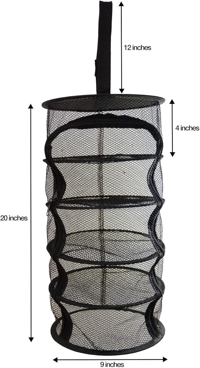 9 Inch 5 Level Micro Hanging Dry Net Indoor/Closet Drying Rack for Herbs, Plants, Organizer, Freshner - Black Mash Screen with Top-to-Bottom Zipper - Apartment Size with Zipped Storage Pouch