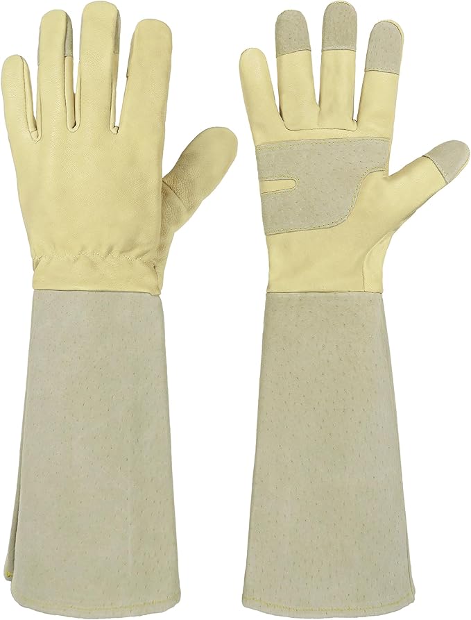 HANDLANDY Rose Pruning Gardening Gloves for Men Women, Thorn Proof Forearm Protection Leather Garden Gloves, Gardening Gifts for Gardeners (Vanilla, Medium)