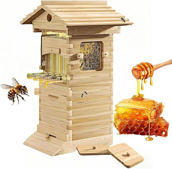 Self-Flowing Honey Beehive Kit with Observation Window & Honey Spout, Complete Wooden Beekeeping Box with 4 Frames & 6 Honeycomb Trays for Garden Pollinators
