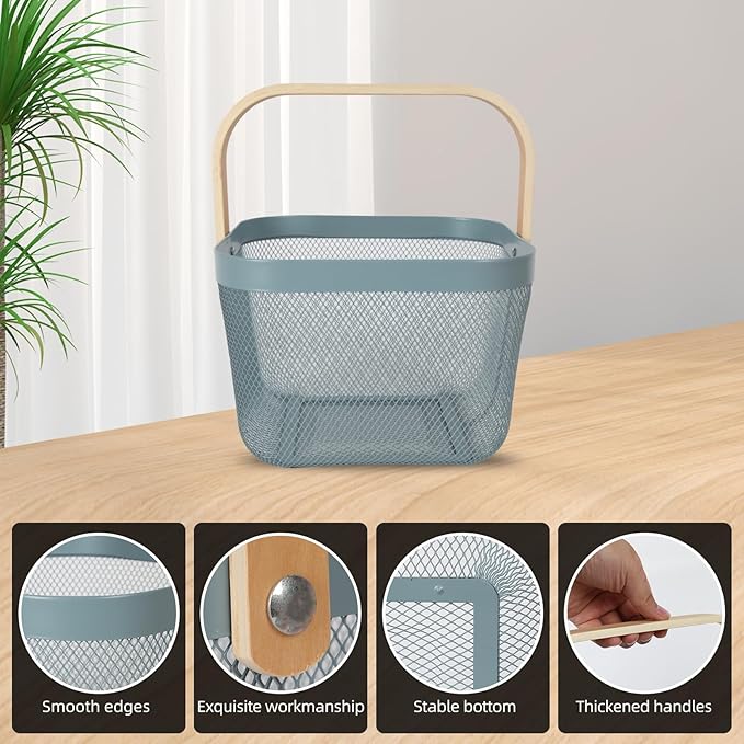Mesh Steel Garden Harvest Basket with Wood Handle,Hanging Kitchen Baskets Outdoor Basket,Harvest Basket for Garden Vegetables,For Shopping Kitchen Bathroom Home(Blue)