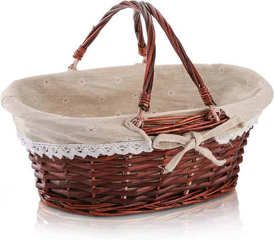 Dicunoy Wicker Basket with Handle, Picnic Baskets with Liner, Empty Gift Gardening Baskets for Harvesting, Willow Organizer Storage Basket for Fruit, Candy, Wine, Gathering, Wedding