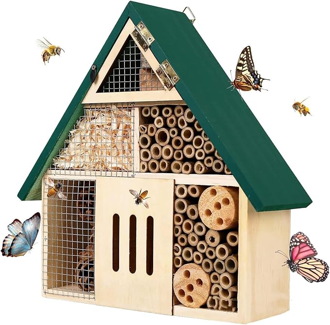 Bee House Hanging Insect Hotel – Natural Wooden Bee Hotel for Outdoors, DIY Insect Shelter for Garden, Yard, or Balcony – Attracts Pollinators Like Bees, Butterflies & Ladybugs