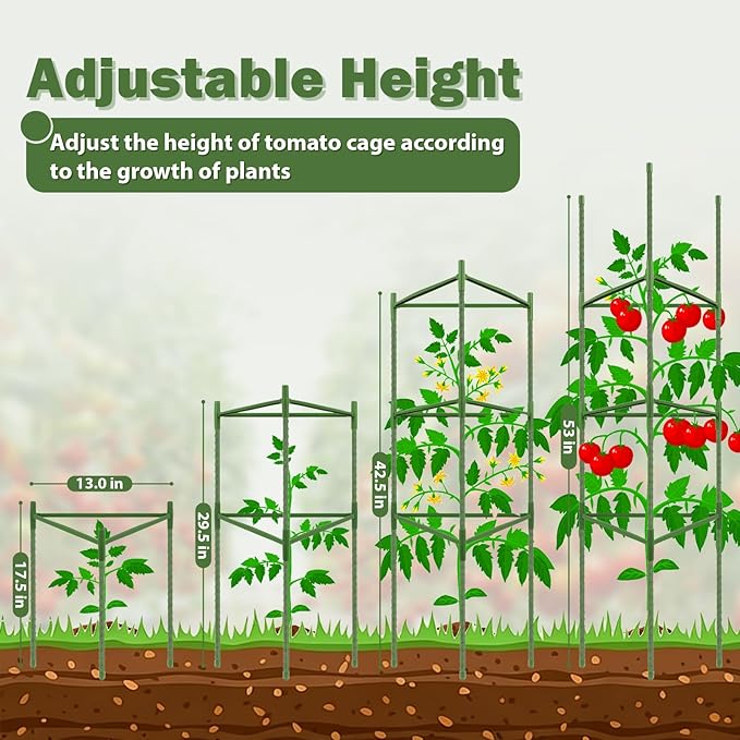 6 Pack Tomato Cage for Garden Plant Supports, Up to 53 Inch Tomato Trellis for Potted Plants, Heavy-Duty Garden Plant Stakes for Climbing Vegetables Plants Cucumber Peony Flowers, Green