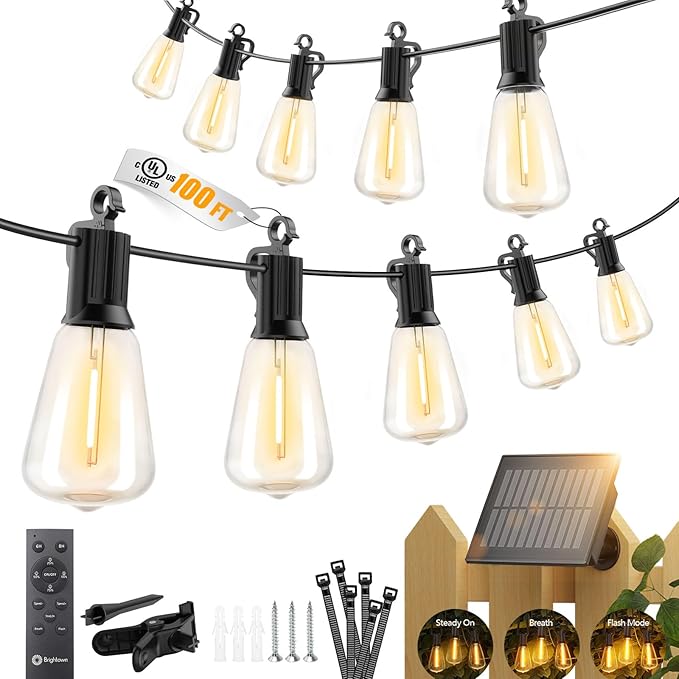 Brightown 100FT Solar String Lights Outdoor Waterproof, Patio Lights with Remote and 31+2 LED Shatterproof Bulbs, Dimmable & Timable, 3 Light Modes, Solar Lights Outdoor for Yard Camping Party Outside