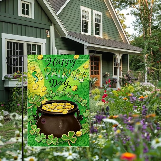 St Patrick's Day Garden Flag 12x18 Inch Double Sided Burlap Happy St Patrick's Day Pot of Gold Shamrocks Coins Outdoor Decorations Patio Irish Festival Decor