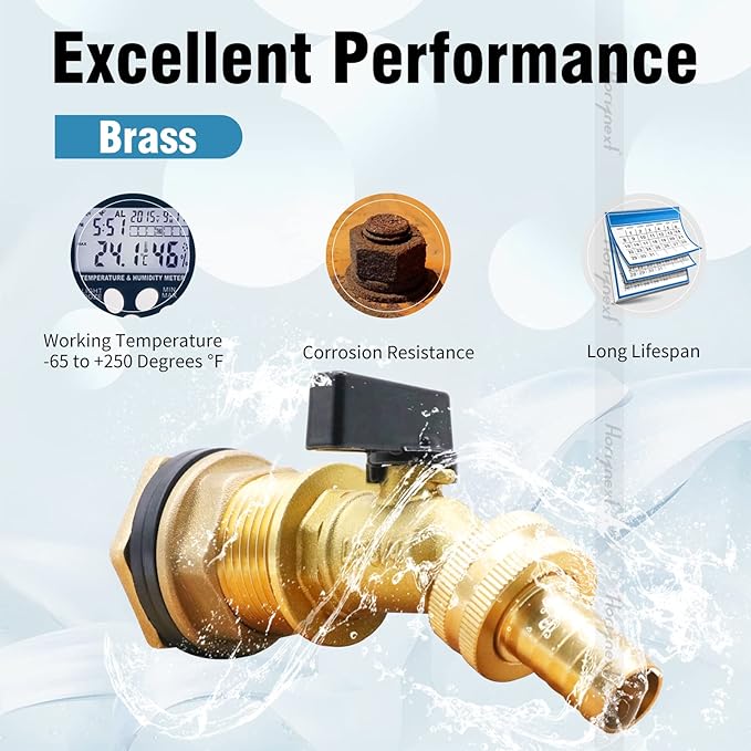 spigot for rain barrel parts kit, brass water barrel spigots accessories for 55 gallon bucket, garden hose connector adapter bulkhead fitting, 1-1/4 inch O.D. inlet & 5/8 inch barb O.D.