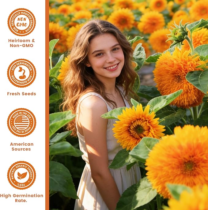 1000+ Teddy Bear Sunflower Seeds to Plant, Non-GMO Heirloom Flower Seeds for Planting, Dwarf Variety, Gardens & Borders - Easy to Grow with High Germination Rate, Perfect for Beginners