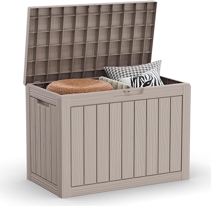 46 Gallon Outdoor Deck Box, Lockable Waterproof Outdoor Storage Boxes For Garden Tools,Indoor Cushions,Accessories Outside Storage Resin Weatherproof Container(Grey)