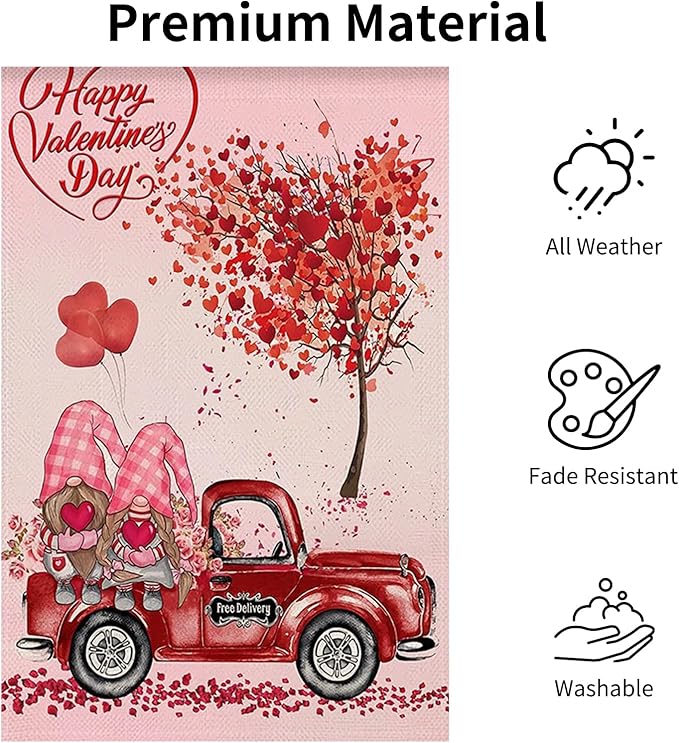 Valentine's Day Garden Flag 12x18 Inch - Cute Gnome Couple with Red Truck & Heart Tree, Double-Sided Outdoor Yard Flag Decor for Patio Yard Valentine Decorations