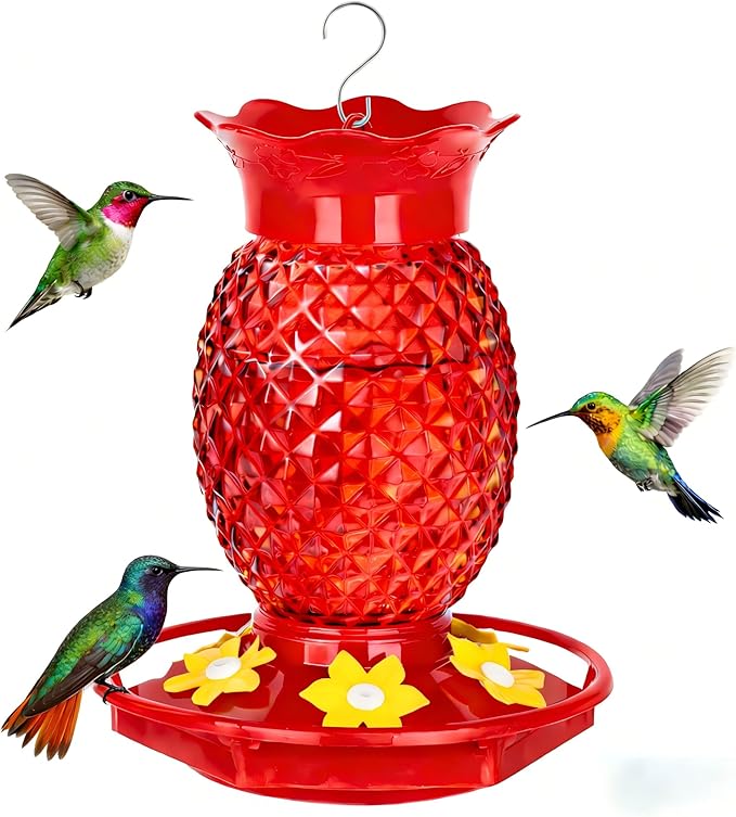 Glass Hummingbird Feeders for Outdoors Hanging Ant and Bee Proof 16OZ 1 Pack Red Pineapple Humming Bird Feeder with 6 Feeding Ports and Ant Moat Hummingbird Gifts for Women Garden Decor