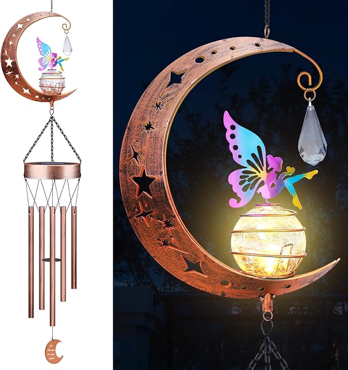 JYPS Fairy Solar Wind Chimes, 40-Inch Large Waterproof Windchimes for Outside with Glowing Crackle Glass Ball, Garden Patio Yard Decor Christmas Day Birthday Unique Gifts for Women Mom Grandma Wife