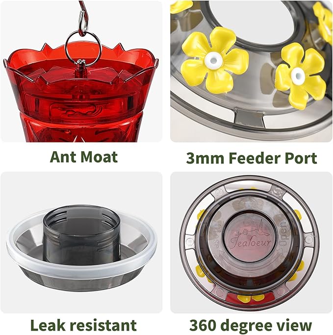 Hummingbird Feeders for Outdoors, Durable Hanging Humming Birds Feeders with 6 Bee Guard Feeding Ports & Built-in Ant Moat, Easy to Clean, Ideal for Garden Decor, 18 OZ, (1, Red)